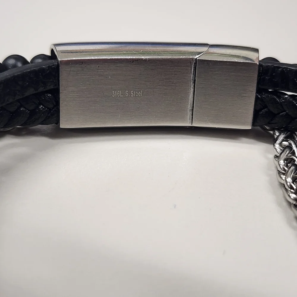 Multi-Strand Stainless Steel & Black Braided Beaded Faux Leather Bracelet Unisex